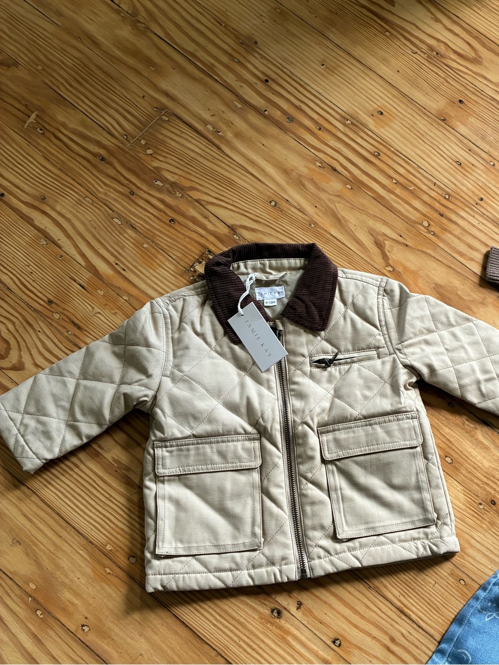Jamie Kay Quilted Cream Jacket with Brown Corduroy Collar 6-12 months